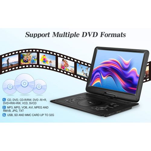  [아마존베스트]DR.Q 16.8 Portable DVD Player with 14.1“ Large HD Screen, 6 Hours Rechargeable Battery, Support USB/SD Card/Sync TV and Multiple Disc Formats, High Volume Speaker, DR. Q Black
