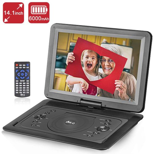  BD DR.Q 14.1 Inch Portable DVD Player with 6000mAh Rechargeable Battery, 270 Degree HD Swivel Screen, Remote Control, 5.9ft Car Charger, SD Card Slot, USB Port and Multiple Disc Forma