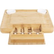 [아마존베스트]DRAGONN Natural Bamboo Cheese Board and Charcuterie Platter with Two Ramekans for Dips and Hidden Drawer for Cutlery Set, DN-KW-BB02
