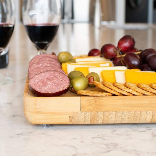  [아마존베스트]DRAGONN Natural Bamboo Cheese Board and Charcuterie Platter with Two Ramekans for Dips and Hidden Drawer for Cutlery Set, DN-KW-BB02