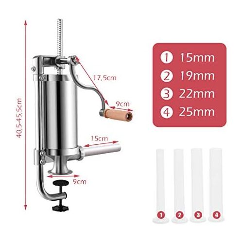  [아마존베스트]DREAMADE Sausage Filler Stainless Steel Sausage Filling Machine Meat Mincer Sausage Syringe Sausage Press with 4 Filling Pipes, Manual (1.5 L)