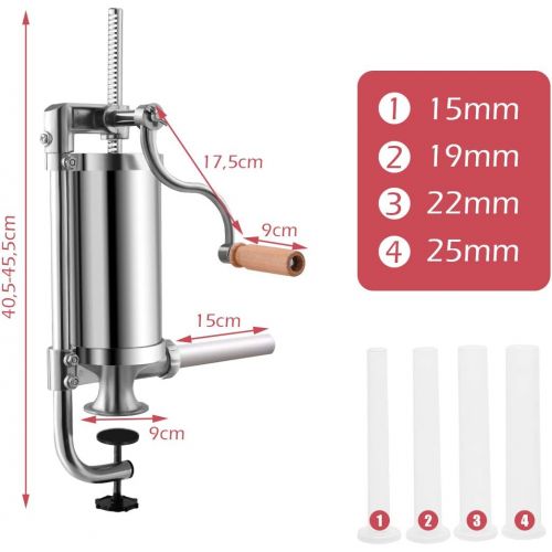  [아마존베스트]DREAMADE Sausage Filler Stainless Steel Sausage Filling Machine Meat Mincer Sausage Syringe Sausage Press with 4 Filling Pipes, Manual (1.5 L)