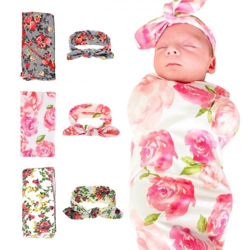  DRESHOW 3 Pack Receiving Blanket with Headbands BQUBO Newborn Baby Floral PrintedBaby Shower Swaddle Gift