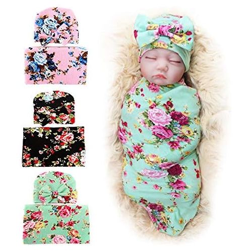  [아마존베스트]DRESHOW 3 Pack BQUBO Newborn Floral Receiving Blankets Newborn Baby Swaddling with Headbands or Hats Toddler Warm