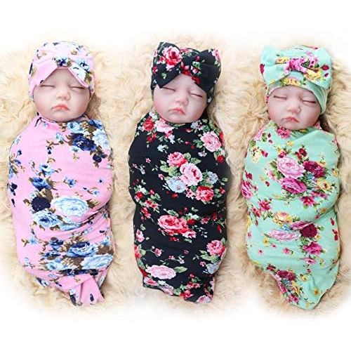  [아마존베스트]DRESHOW 3 Pack BQUBO Newborn Floral Receiving Blankets Newborn Baby Swaddling with Headbands or Hats Toddler Warm