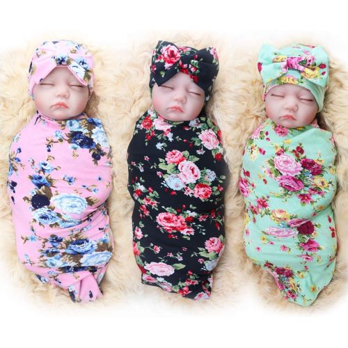  [아마존베스트]DRESHOW 3 Pack BQUBO Newborn Floral Receiving Blankets Newborn Baby Swaddling with Headbands or Hats Toddler Warm