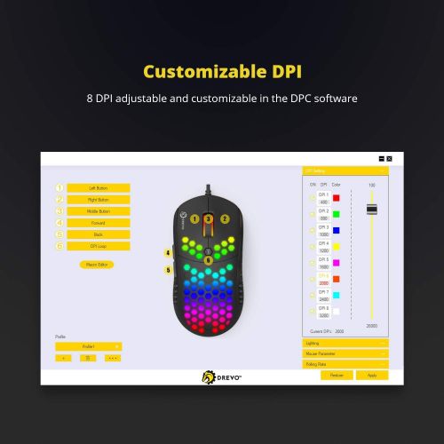  DREVO Falcon Full RGB Wired Lightweight 70g Gaming Mouse 16000DPI Optical Sensor (PixArt PMW 3389), 1000Hz Report Rate, 400IPS, Ultra-Soft Cable and Honeycomb Shell - Black
