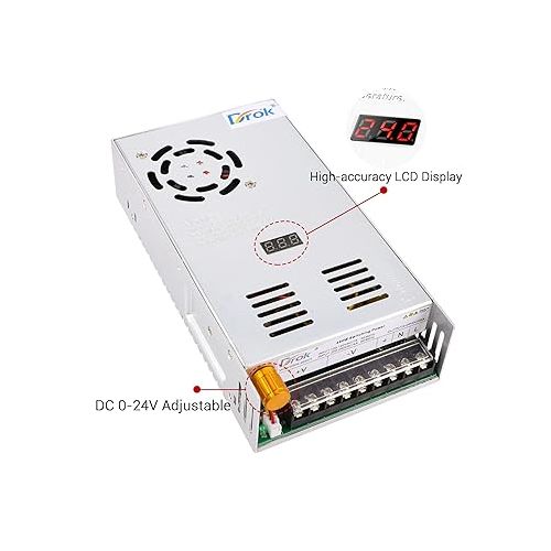  DROK 24V Power Supply, AC 110V/220V to DC 0-24V 20A 480W Buck Converter, Variable Adjustable Adapter Regulated 5V 12V 24V Volt Switching Voltage LED Transformer 20A Amp Charger for Computer Lab