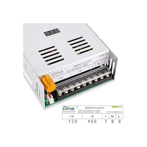  DROK 24V Power Supply, AC 110V/220V to DC 0-24V 20A 480W Buck Converter, Variable Adjustable Adapter Regulated 5V 12V 24V Volt Switching Voltage LED Transformer 20A Amp Charger for Computer Lab