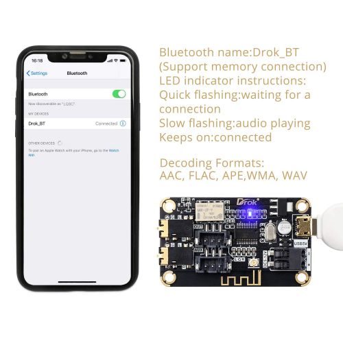  Bluetooth Board, DROK Audio Receiver Bluetooth Module DC 5V-12V Portable Wireless Electronics Stereo Music Receive Circuit Chip with Micro USB Port for Headphone Speaker Home Sound