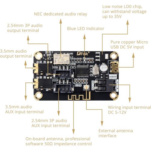  Blue~Tooth Board, DROK 12V Audio Receiver Blue~Tooth Module DC 5V-12V Portable Wire~Less Electronics Stereo Music Receive Circuit Chip with Micro USB Port for Headphone Speaker Hom