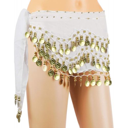  DROK Belly Dance Skirt, 10PCSLOT Hip Scarves for Belly Dancing with 128-Gold Coins, Waist Costume Belt Chiffon Dangling Belly Dance Sequins Hip Scarfs