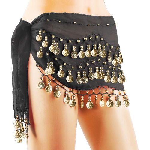  DROK Belly Dance Skirt, 10PCSLOT Hip Scarves for Belly Dancing with 128-Gold Coins, Waist Costume Belt Chiffon Dangling Belly Dance Sequins Hip Scarfs