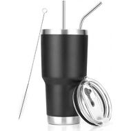 [아마존베스트]D·S 30oz Black Tumbler Stainless Steel Double Wall Vacuum Insulated Mug with Straw and Lid, Cleaning Brush for Cold and Hot Beverages