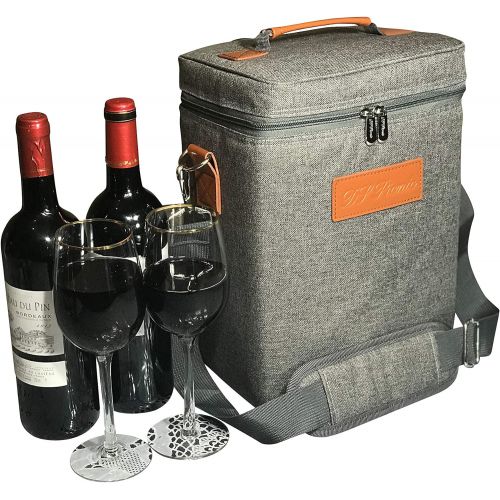  DS Picnic Insulated Wine Tote Bag Wine Bottle Carrier 4 Bottle Capacity Cooler Bag for outdoor Camping Great Wine Lover Gift with Handle and Adjustable Shoulder Strap (Gray)