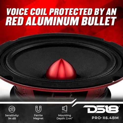  [아마존베스트]DS18 PRO-X6.4BM Loudspeaker - 6.5, Midrange, Red Aluminum Bullet, 500W Max, 250W RMS, 4 Ohms - Premium Quality Audio Door Speakers for Car or Truck Stereo Sound System (1 Speaker)