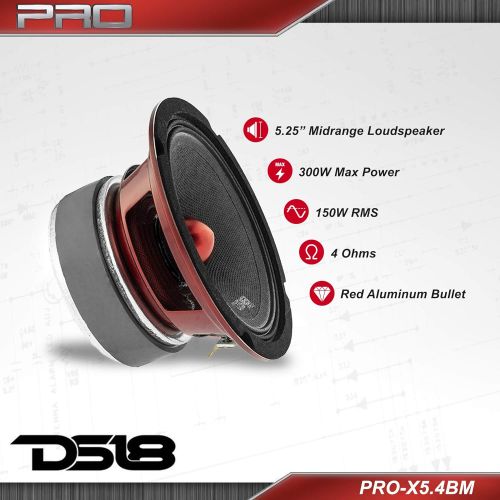  [아마존베스트]DS18 PRO-X5.4BM Loudspeaker - 5.25, Midrange, Red Aluminum Bullet, 300W Max, 150W RMS, 4 Ohms - Premium Quality Audio Door Speakers for Car or Truck Stereo Sound System (1 Speaker)