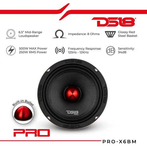  [아마존베스트]DS18 PRO-X6BM Loudspeaker - 6.5, Midrange, Red Aluminum Bullet, 500W Max, 250W RMS, 8 Ohms - Premium Quality Audio Door Speakers for Car or Truck Stereo Sound System (1 Speaker)