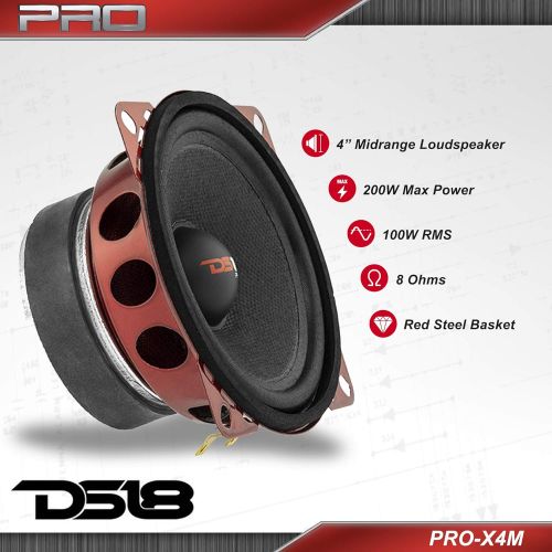  [아마존베스트]DS18 PRO-X4M Loudspeaker - 4, Midrange, Red Steel Basket, 200W Max, 100W RMS, 8 Ohms - Premium Quality Audio Door Speakers for Car or Truck Stereo Sound System (1 Speaker)