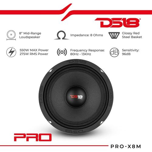  [아마존베스트]DS18 PRO-X8M Loudspeaker - 8, Midrange, Red Steel Basket, 550W Max, 275W RMS, 8 Ohms - Premium Quality Audio Door Speakers for Car or Truck Stereo Sound System (1 Speaker)