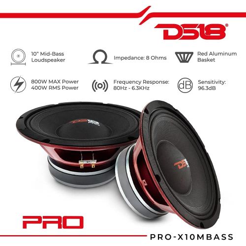  [아마존베스트]DS18 PRO-X10MBASS Loudspeaker - 10, Midbass, Red Steel Basket, 800W Max, 400W RMS, 8 Ohms - Premium Quality Audio Door Speakers for Car or Truck Stereo Sound System (1 Speaker)