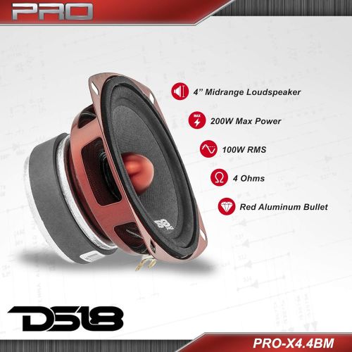  [아마존베스트]DS18 PRO-X4.4BM Loudspeaker - 4, Midrange, Red Aluminum Bullet, 200W Max, 100W RMS, 4 Ohms - Premium Quality Audio Door Speakers for Car or Truck Stereo Sound System (1 Speaker)