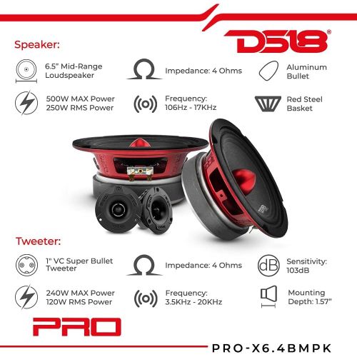  DS18 PRO-X6.4BMPK Mid and High Complete Package - Includes 2X Midrange Loudspeaker 6.5 and 2X Aluminum Super Bullet Tweeter 1 Built in Crossover - Door Speakers for Car or Truck St