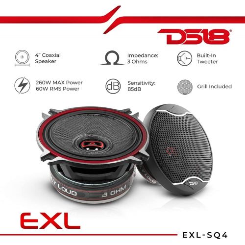  DS18 EXL-SQ4-4-Inch 3-OHMS High Sound Quality Coaxial Speaker - Sleek Compact Design with Chrome Finish - Superior Bass Response - 260 WATTS Max - Set of 2