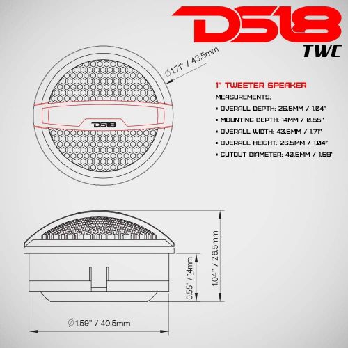  DS18 SQTW Tweeter 1.10-inch 120 Watts Max Silk Dome Neodymium Tweeter Sound Quality with 3M VHB Mounting Tape, Built-in Attenuation Switch (+20-2) - Set of 2 (Black & Red)