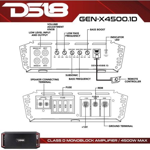  DS18 GEN-X3000.1D 3000w Peak700w RMS @ 2 Ohm CEA Compliant 1, 2, 4 Ohm Stable Class D Mono Car Amplifier with Remote Subwoofer Control