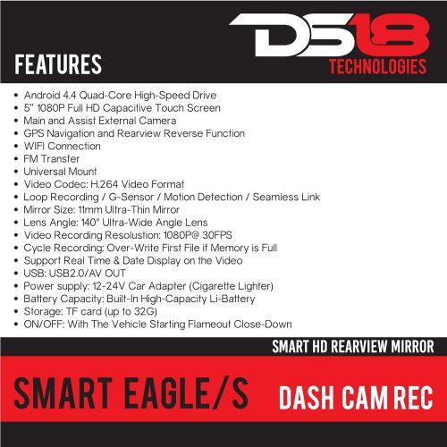  DS18 EAGLE Rearview Mirror with 4.3 HD LCD Display & Built-In 1080P Dash Cam Recorder & Reverse Camera