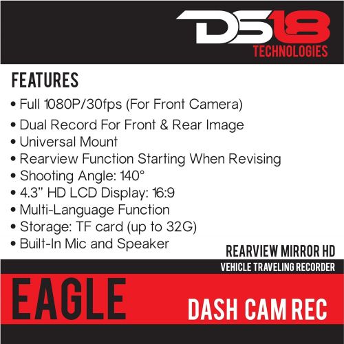  DS18 EAGLE Rearview Mirror with 4.3 HD LCD Display & Built-In 1080P Dash Cam Recorder & Reverse Camera