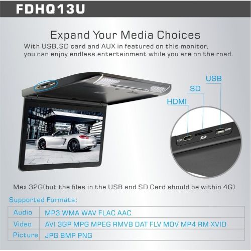  DS18 FDHQ13U Flip Down Multimedia Player with Built-in USB SD HDMI Double Dome LED Lights, for Vans, Trucks, SUVs, HD 1080P Video, Ultra Thin LED Display, 13.3” - Grey