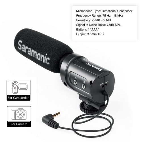  Saramonic SR-M3 Mini Directional Condenser Microphone with Integrated Shockmount, Low-Cut Filter & +10dB Audio Gain Switches for DSLR Cameras & Camcorders