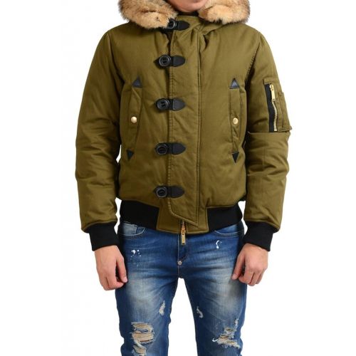  DSQUARED2 Dsquared2 Mens Green Rabbit Hair Coyote Fur Hooded Duck Down Jacket