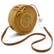 DSTANA Round Handwoven Rattan Bag with Shoulder Leather Straps and Double Linen Inside Bags for Women