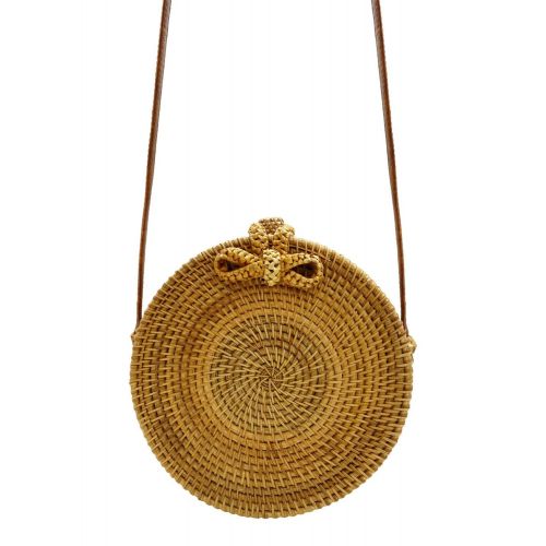  DSTANA Round Handwoven Rattan Bag with Shoulder Leather Straps and Double Linen Inside Bags for Women