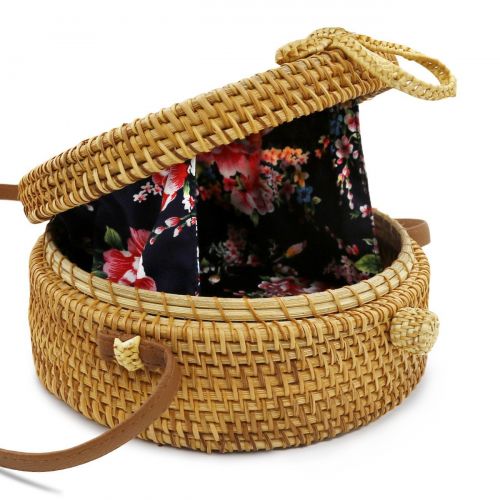  DSTANA Round Handwoven Rattan Bag with Shoulder Leather Straps and Double Linen Inside Bags for Women