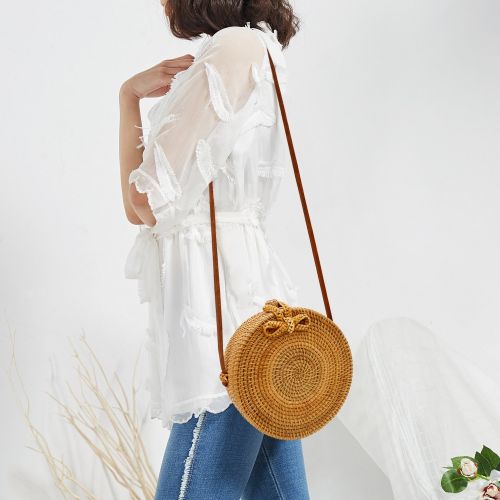  DSTANA Round Handwoven Rattan Bag with Shoulder Leather Straps and Double Linen Inside Bags for Women