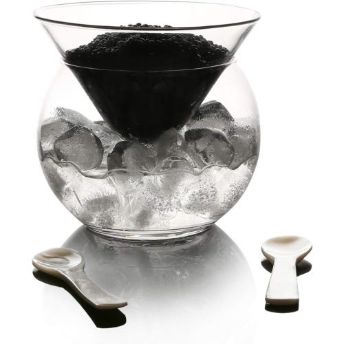  [아마존베스트]DUEBEL Glass Caviar Chiller Server Set Plus 2 pcs. x Mother of Pearl Caviar Spoon 3.15  Universal Martini, Wine, Liquor Cocktail Chiller