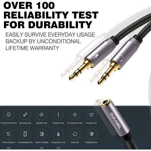  Headset Splitter Cable, DUKABEL Gold-Plated & Strong Braided Y Splitter Audio Cable Separate Microphone Headphone Port Gaming Headset Splitter PC Earphone Adapter VoIP Phone -TopSe