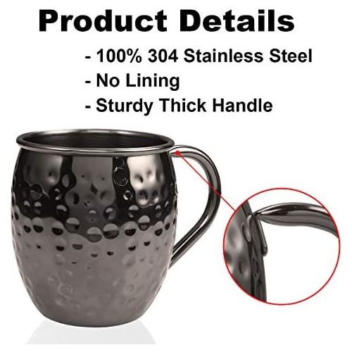  [아마존베스트]IHomeGarden Moscow Mule Mugs Set of 4 - Food Safe 100% Handcrafted Mule Mugs Pure Solid Hammered Black Stainless Steel Mug - 16OZ Mule Mugs set of 4 w/ Black Straws Coasters Shot Glass Straw B