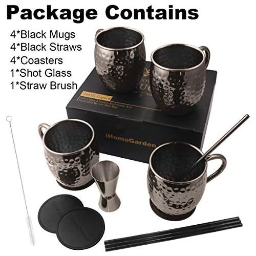  [아마존베스트]IHomeGarden Moscow Mule Mugs Set of 4 - Food Safe 100% Handcrafted Mule Mugs Pure Solid Hammered Black Stainless Steel Mug - 16OZ Mule Mugs set of 4 w/ Black Straws Coasters Shot Glass Straw B