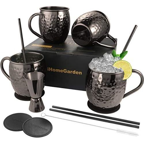  [아마존베스트]IHomeGarden Moscow Mule Mugs Set of 4 - Food Safe 100% Handcrafted Mule Mugs Pure Solid Hammered Black Stainless Steel Mug - 16OZ Mule Mugs set of 4 w/ Black Straws Coasters Shot Glass Straw B