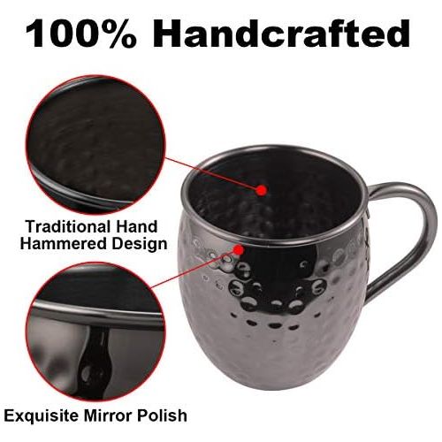  [아마존베스트]IHomeGarden Moscow Mule Mugs Set of 4 - Food Safe 100% Handcrafted Mule Mugs Pure Solid Hammered Black Stainless Steel Mug - 16OZ Mule Mugs set of 4 w/ Black Straws Coasters Shot Glass Straw B