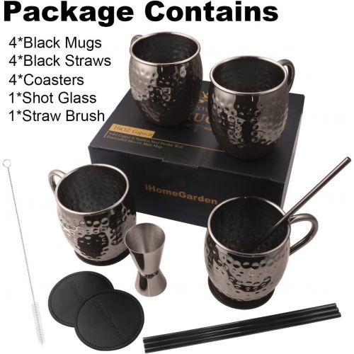  [아마존베스트]IHomeGarden Moscow Mule Mugs Set of 4 - Food Safe 100% Handcrafted Mule Mugs Pure Solid Hammered Black Stainless Steel Mug - 16OZ Mule Mugs set of 4 w/ Black Straws Coasters Shot Glass Straw B