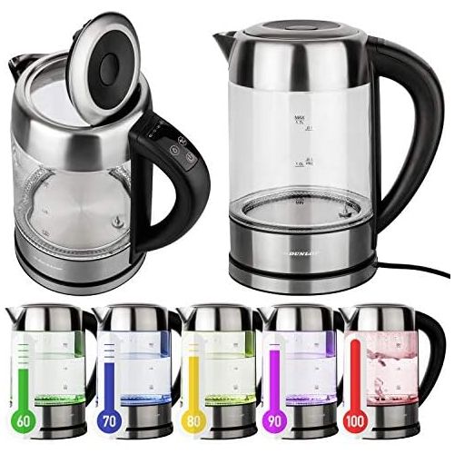  [아마존베스트]DUNLOP! Dunlop Glass Kettle Tea Kettle 1.7 L Stainless Steel with Temperature Selection, Warming Function, LED Lighting, Colour Change According to Temperature, Pre-Selection of 60° - 100°