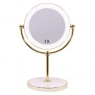 DUPPAN LED Lighted Countertop Vanity Mirror,Double Sided 10x Magnifying Makeup Mirror,Small Portable Compact Bathroom Beauty Mirror,Bright Brass_7 in