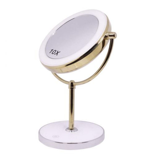  DUPPAN LED Lighted Countertop Vanity Mirror,Double Sided 10x Magnifying Makeup Mirror,Small Portable Compact Bathroom Beauty Mirror,Bright Brass_7 in