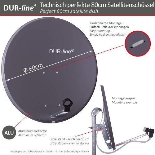  [아마존베스트]-Service-Informationen DUR-line MDA 80 Anthracite Digiatale 1 Subscriber Satellite Dish Complete System with Ultra Single LNB [Camping, Astra 19.2°, DVB-S/S2, Full HD, 4K, 3D]